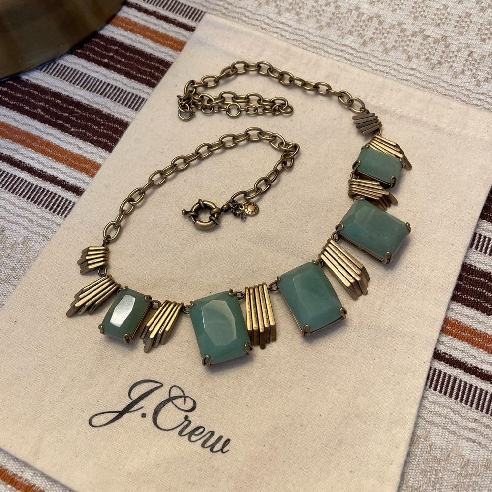 Vintage J.CREW Brass & Jade-Tone Glass Gem Art Deco Necklace/Chocker - 4 Lengths